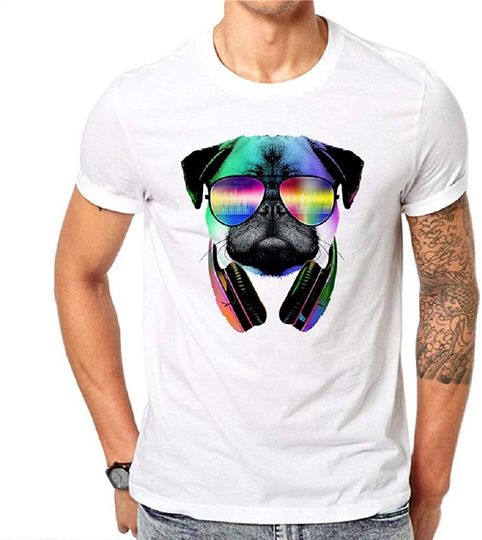 Camiseta Blanca para Hombre Perro DJ Cuello Redondo