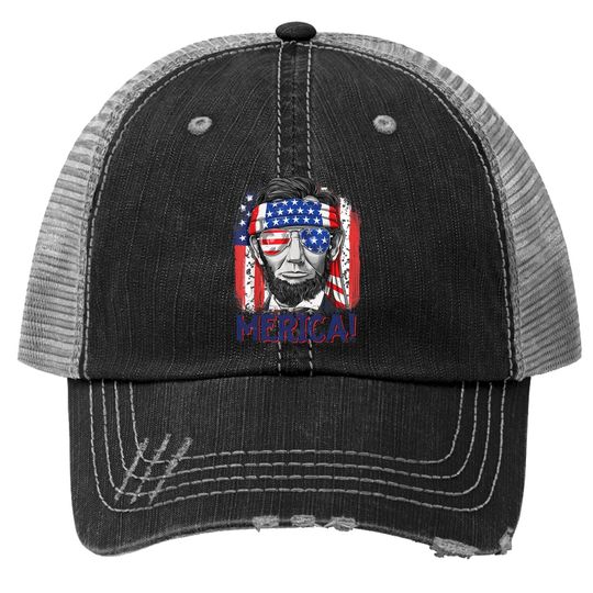 Abraham Lincoln 4th Of July Merica American Flag Trucker Hat