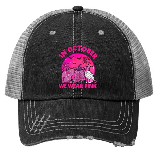 In October We Wear Pink Cat Pumpkin Breast Cancer Halloween Trucker Hat