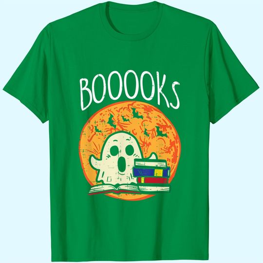 Boooks Moon Ghost Halloween Bookworm Librarian Teacher Book T-Shirt