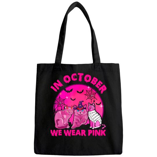 In October We Wear Pink Cat Pumpkin Breast Cancer Halloween Tote Bag