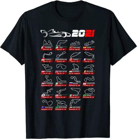 Calendar Race Cars Formula 2021 Circuits Sport T-Shirt