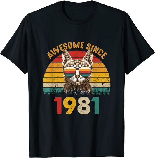 40th Birthday Vintage Cat Gift 40 Years Awesome Since 1981 T-Shirt