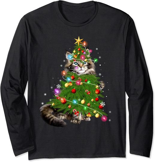 Cat Maine Coon Christmas Tree Cat Lovers Long Sleeve T-Shirt