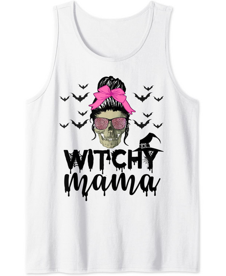 Witchy Mama Messy Bun Halloween Skull Witch Mom Spooky Bats Tank Top