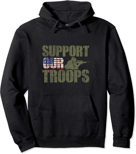 Vintage US Military Support Our Troops American Flag Pullover Hoodie