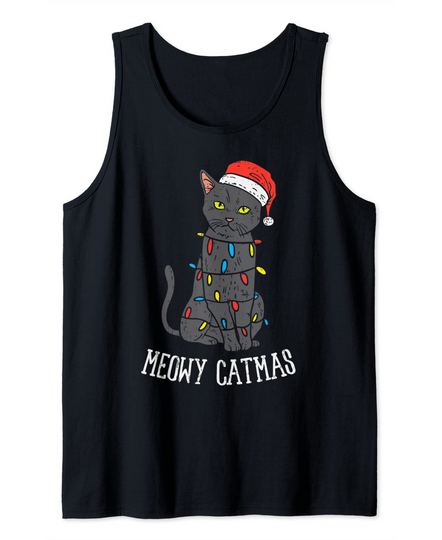 Meowy Catmas Black Cat Christmas Lights Santa Hat Funny Gift Tank Top