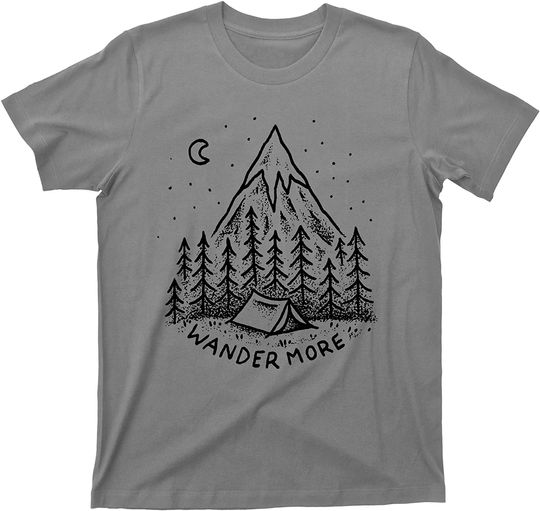 Wander More Tent Camping Under Moon & Stars Forest Snow Capped Mountains Nature T-Shirt