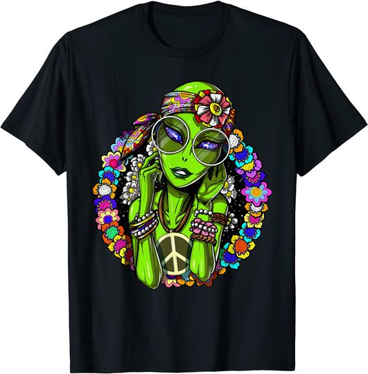 Space Alien Hippie Funny Floral Peace Science Fiction Women T-Shirt