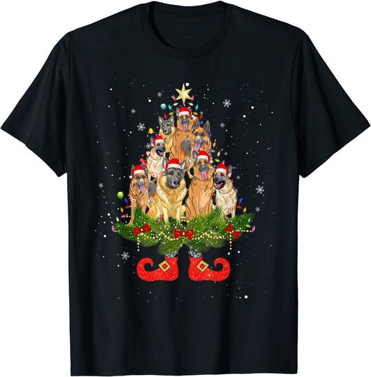 German Shepherd Christmas Tree Lights Santa Hat Dog T-Shirt