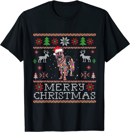 German Shepherd Christmas Santa Hat Dog Xmas Tree Lights T-Shirt