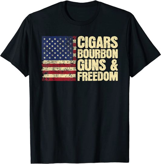 Cigars Bourbon Guns And Freedom American Flag T-Shirt
