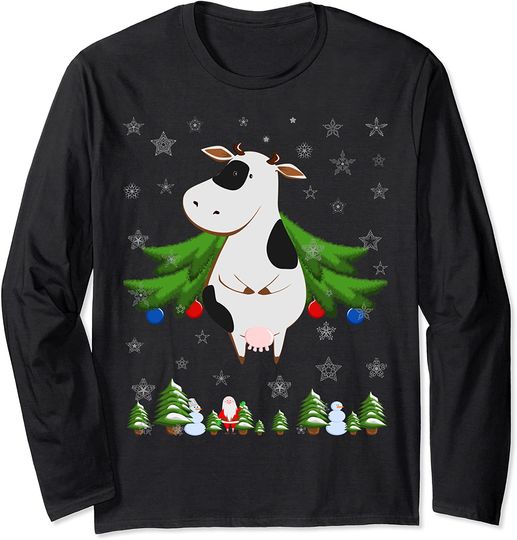 Cow Christmas Tree Funny Retro Long Sleeve