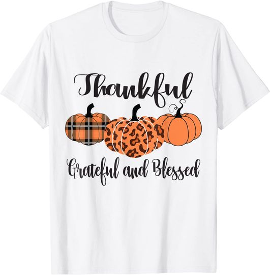 Thankful Grateful Blessed Plaid Leopard Pumpkin Thanksgiving T-Shirt