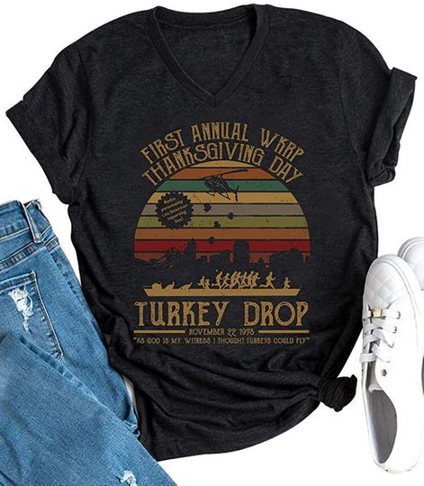 Women's First Annual Wkrp Turkey Drop T Shirts Vintage Turkey Thanksgiving Day Gifts Tshirt Tops Fall Basic Tees