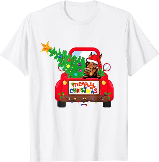 Doberman Dog Riding Red Truck Christmas Holiday T-Shirt