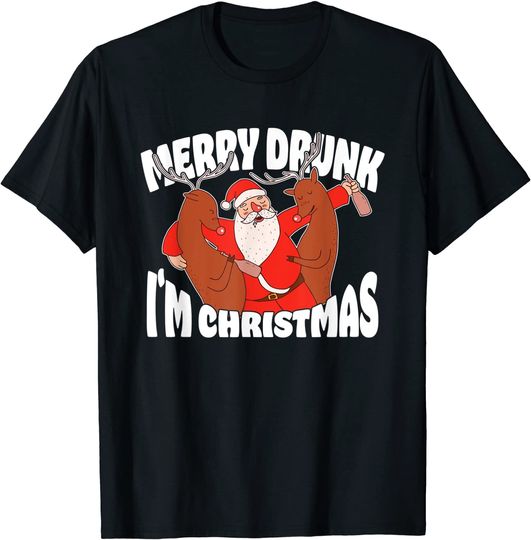 Merry Drunk I'M Christmas Drunken Santa With Reindeers T-Shirt