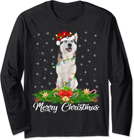 Lighting Xmas Santa Hat Siberian Husky Christmas Long Sleeve T-Shirt