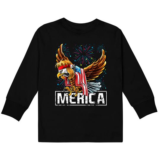 Merica Bald Eagle Mullet 4th Of July American Flag Patriotic Kids Long Sleeve T-Shirt