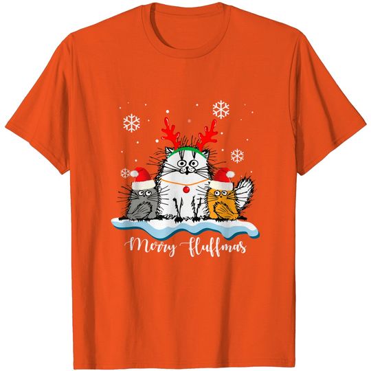 Merry Fluffmas Cats With Santa Hat Reindeer Horn Christmas T-Shirt