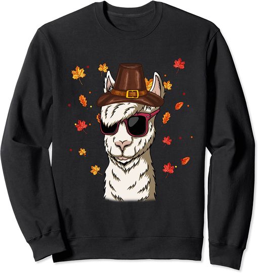 Funny Llama Wear Pilgrim Hat Fall Happy Thanksgiving Day Sweatshirt