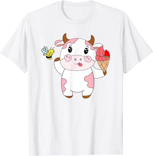 Strawberry Cow with Ice Cream and Bee for Women Men and Kids T-Shirt