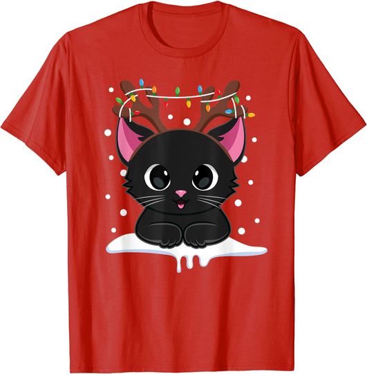 Christmas Black Cat Reindeer Antlers Catmas Women Kids Funny T-Shirt