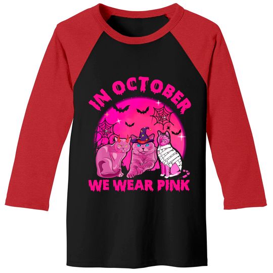 In October We Wear Pink Cat Pumpkin Breast Cancer Halloween Baseball Tee