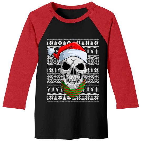 Ugly Sweater Skull Face With Santa Hat Christmas Pajama Xmas Baseball Tee
