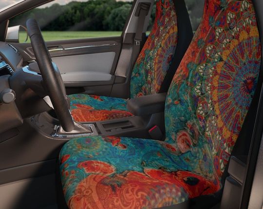 Celestial Mandala Car Seat Covers Set of Two Rust Orange And Teal Boho Car