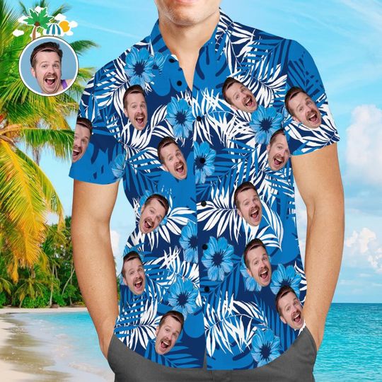 Custom Photo Face Shirt or Short - Custom Men's Face Shirt All Over Print Hawaiian Shirt - Flowers and Leaves Design