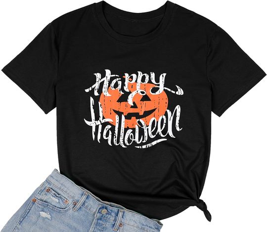 Women Halloween Shirts Funny Jack O Lantern Pumpkin Face Costume Fall Short Sleeve Tshirts Tops
