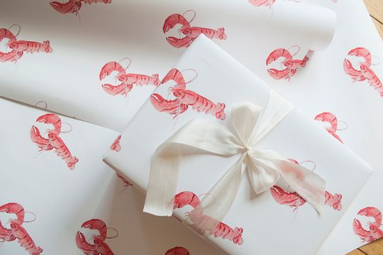 Watercolor Lobster Gift Wrap, Lobster Wrapping Paper, Coastal Stationery, Watercolor Stationery