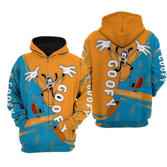 Goofy Dog Blue Orange Pattern Stripes Disney 3D Zip Hoodie