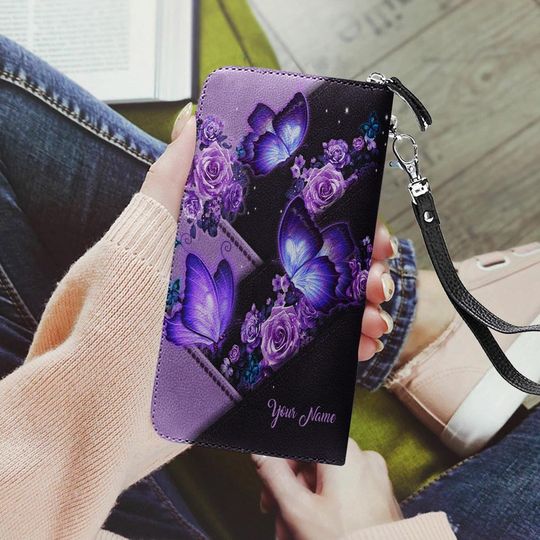Personalized Butterfly Purple Leather Wallet