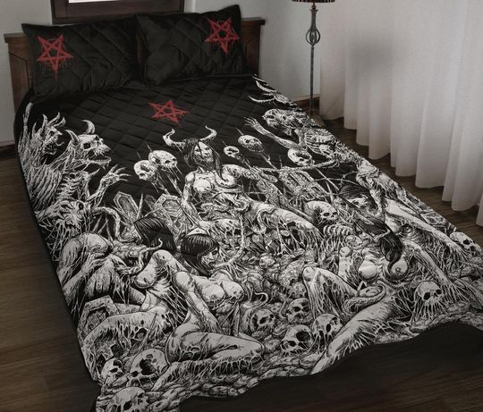 Skull Satanic Pentagram Demon Nymphomania And Loving It Quilt 3 Bedding Set