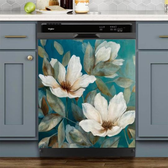 Magnolia Flower Dishwasher Cover , Fridge , White Floral Door Decal-Summer Dish Washer Decorative