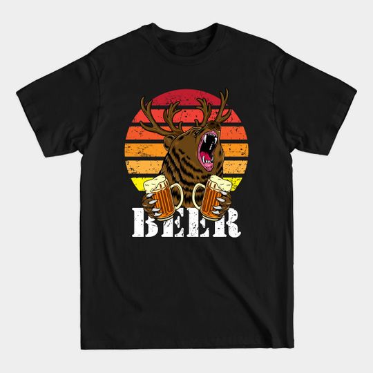 Vintage Beer Lover Bear with Antlers Funny Drinking Joke - Beer Meme - T-Shirt