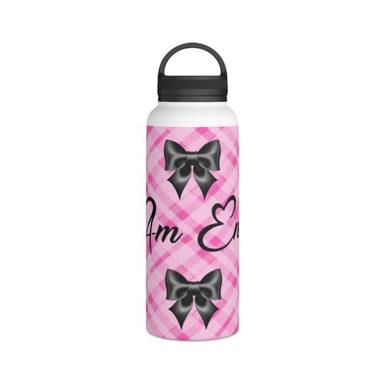I Am Enough Pink Plaid Black Bows Stainless Steel Water Bottle, Handle Lid