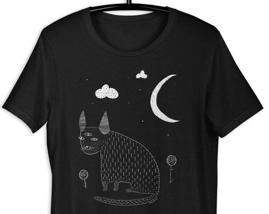 Monster Cat Shirt Folk Art Crescent Moon Birthday Gifts Strange Outsider Art Weird Stuff Quirky Creepy Goth Punk Emo