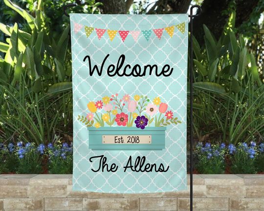 Welcome Yard Flag Personalized,  Blue Garden Flag with Quatrefoil Pattern