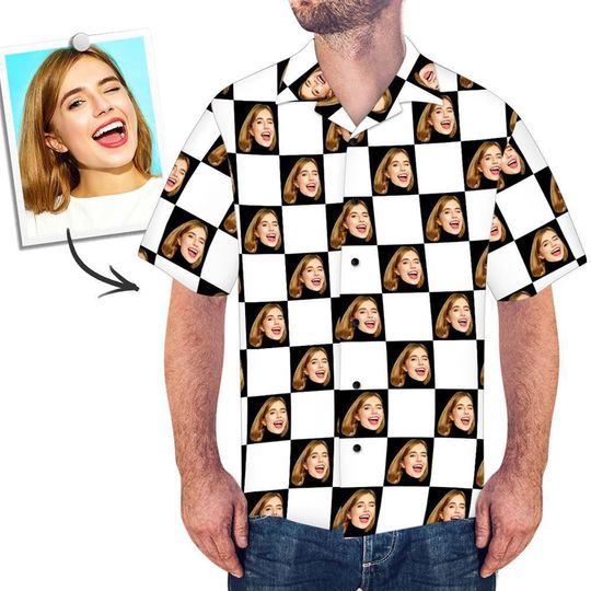 Custom Photo Face Shirt - Custom Face All Over Print Black & White Checkboard Hawaiian Shirt