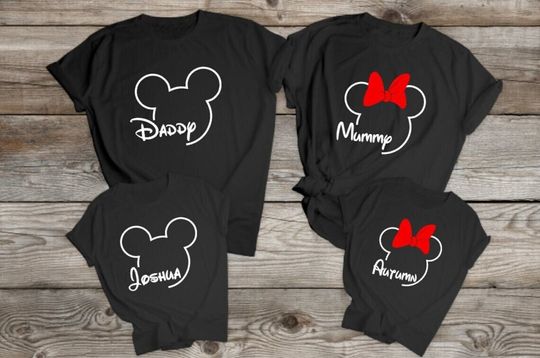 Matching Family Disney T shirts Black personalised names Mickey Minnie Holiday family trip