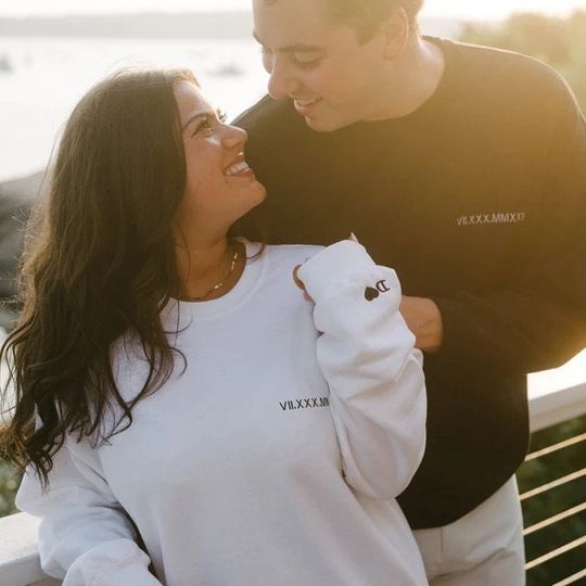 Custom Roman Numeral Date w/ Initials Heart on Sleeves Couple's Embroidered Sweatshirt