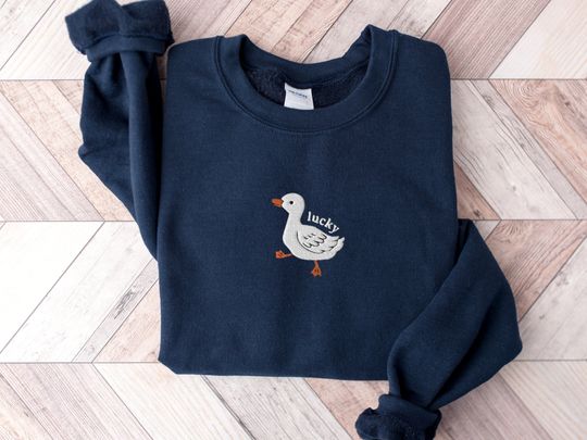 Embroidered Lucky Duck Sweatshirt, Embroidered Duck Crewneck Sweatshirt, Silly Goose Shirt, Funny Sweatshirt, Funny Embroidered Shirt
