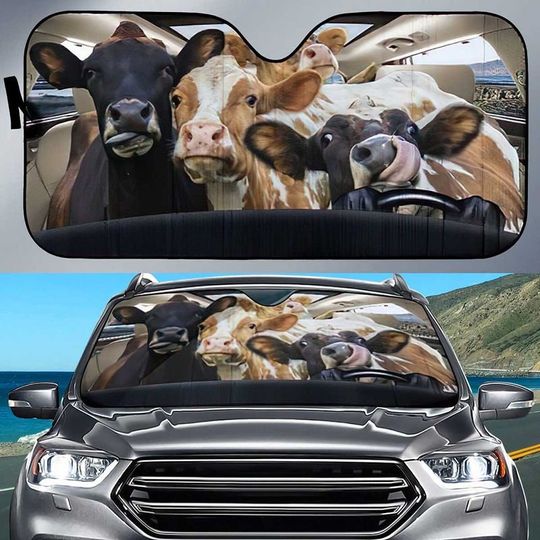 Cute Farm Cows Are Driving Car Pattern Printed Sun Shade For Cow Lovers Windshield Sunshade Oxford Cloth Gift Idea