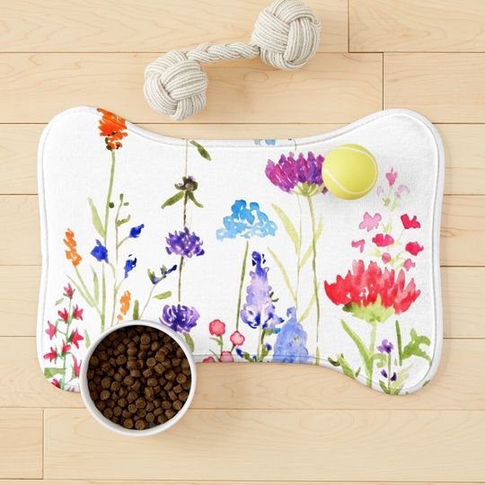 Colorful wild flowers watercolor - Pet Bowls Mat