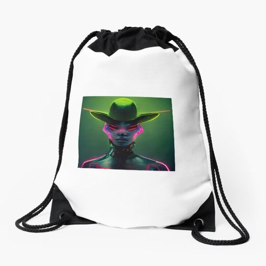 Neon Alien Cowboy Drawstring Bag
