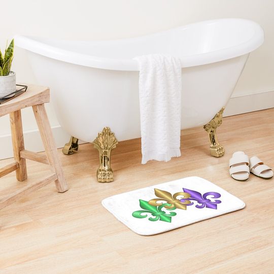 Green Gold and Purple Fleur-de-Lis Symbols Bath Mat