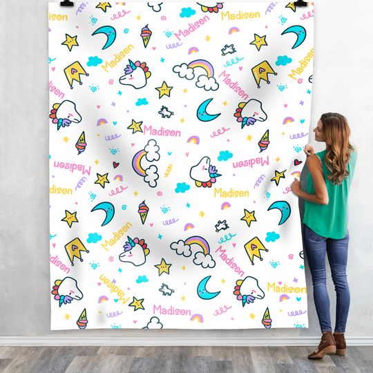 Custom Name Unicorn Fleece Blanket, Personalized Rainbow Blanket, Gift For Girl
